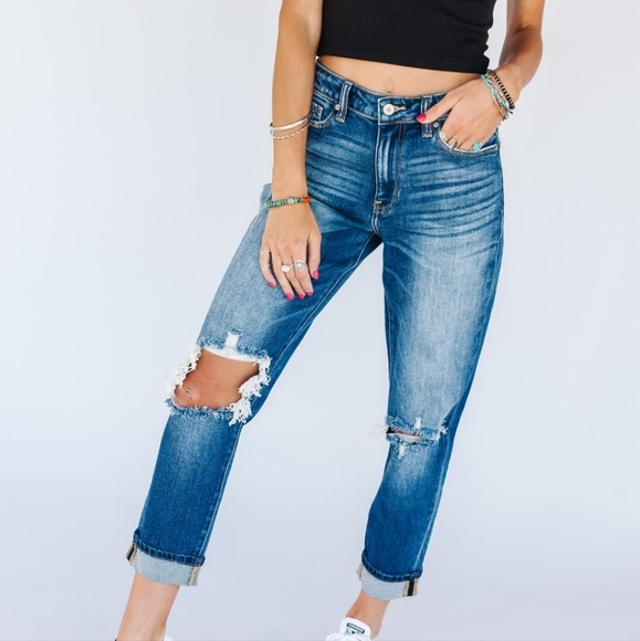 KanCan Blue Jeans Denim Pants Relaxed Fit Distressed Boyfriend Cuffed 9 28‎ - Picture 1 of 15